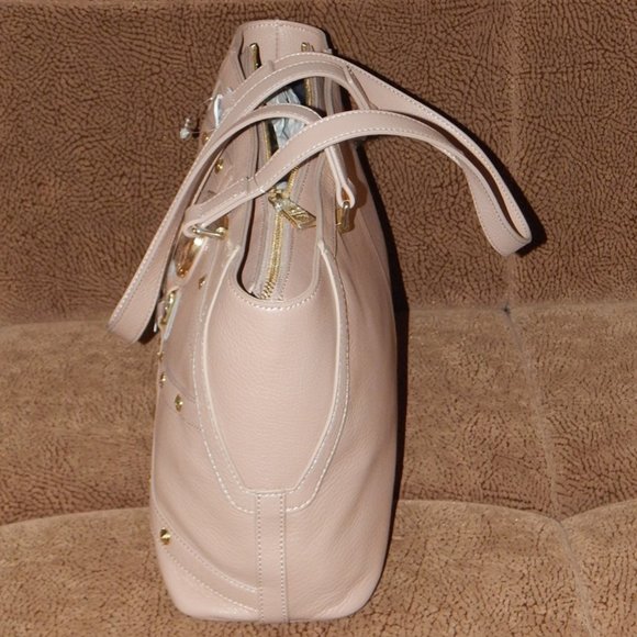 NWT LOVE MOSCHINO Pebbled Leather Top Zipper LARGE Satchel Shoulder Bag in Taupe - Picture 5 of 9